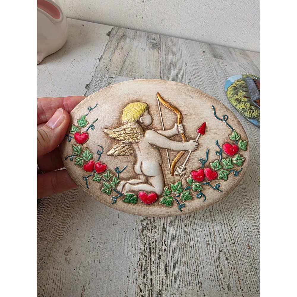 Vintage Cupid Valentine's Day ceramic plaque wall hanging decor heart unique 3D